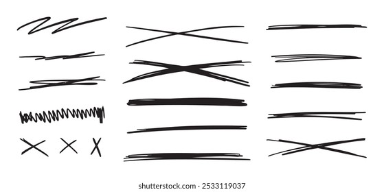 A set of scribble doodle underlines. Underline and cross markers collection. Doodle lines isolated on white background. Vector illustration