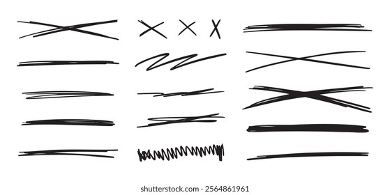 A set of scribble doodle underlines. Underline and cross markers collection. Doodle lines isolated on white background. Vector illustration