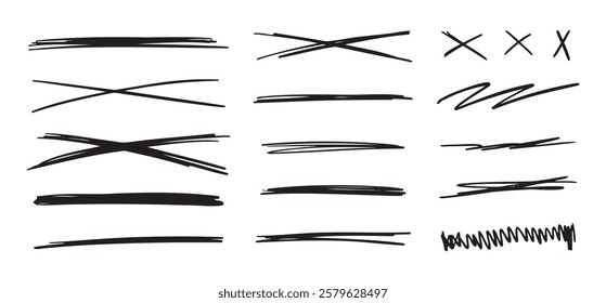 A set of scribble doodle underlines. Underline and cross markers collection. Doodle lines isolated on white background. Vector illustration
