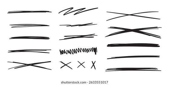 A set of scribble doodle underlines. Underline and cross markers collection. Doodle lines isolated on white background. Vector illustration