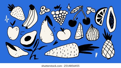 Conjunto de garabatos de frutas garabatos en el estilo de moda dibujado a mano con pincel de lápiz de curva dentada. Bocetos de fondo azul y Elementos de Vector aislados en blanco y negro. 