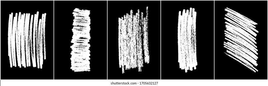 Set of scribble hand drawn in chalk on black background. Shabby white texture. Monochrome stain element. Rusted effect. Digitally generated image. Vector illustration, Eps 10.