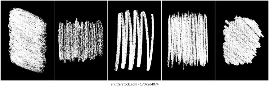 Set of scribble hand drawn in chalk on black background. Shabby white texture. Monochrome stain element. Rusted effect. Digitally generated image. Vector illustration, Eps 10.