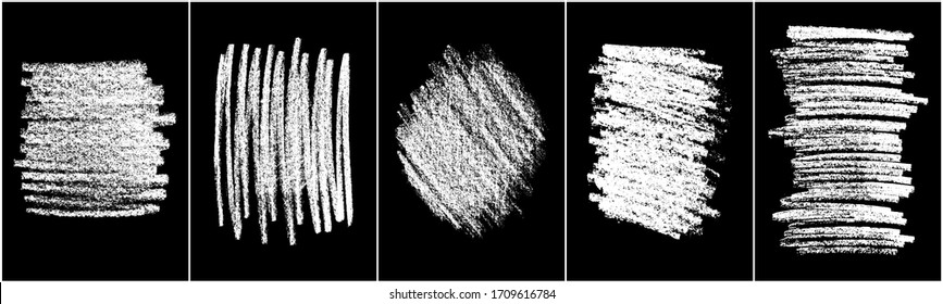 Set of scribble hand drawn in chalk on black background. Shabby white texture. Monochrome stain element. Rusted effect. Digitally generated image. Vector illustration, Eps 10.