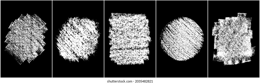 Set of scribble hand drawn in chalk on black background. Shabby white texture. Monochrome stain element. Rusted effect. Digitally generated image. Vector illustration, Eps 10.