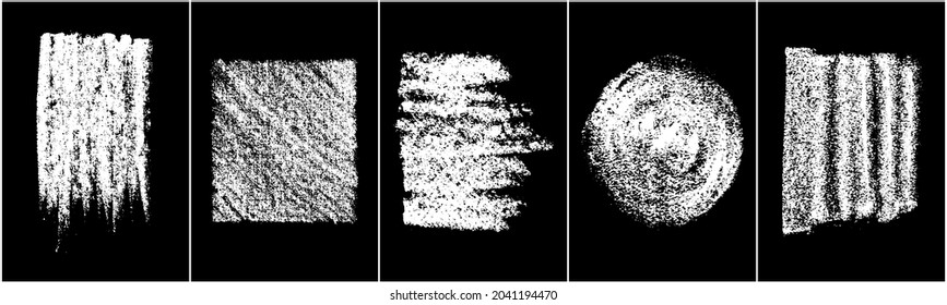 Set of scribble hand drawn in chalk on black background. Shabby white texture. Monochrome stain element. Rusted effect. Digitally generated image. Vector illustration, Eps 10.