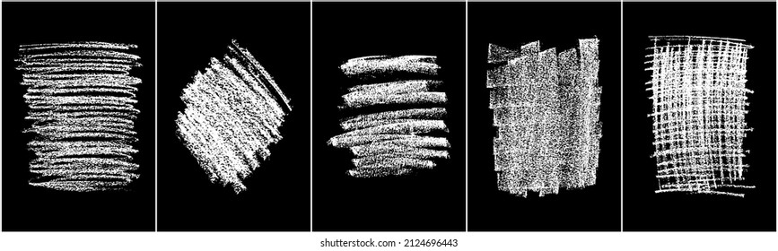 Conjunto de garabatos dibujados a mano en tiza sobre fondo negro. Textura blanca de Shabby. Elemento de mancha monocromo. Efecto Rusto. Imagen generada digitalmente. Ilustración vectorial, Eps 10.