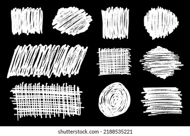 Set of scribble hand drawn in chalk on black background. Shabby white texture. Monochrome stain element. Rusted effect. Digitally generated image. Vector illustration, Eps 10.