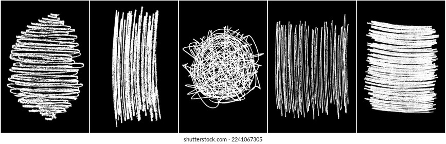 Set of scribble hand drawn in chalk on black background. Shabby white texture. Monochrome stain element. Rusted effect. Digitally generated image. Vector illustration, Eps 10.