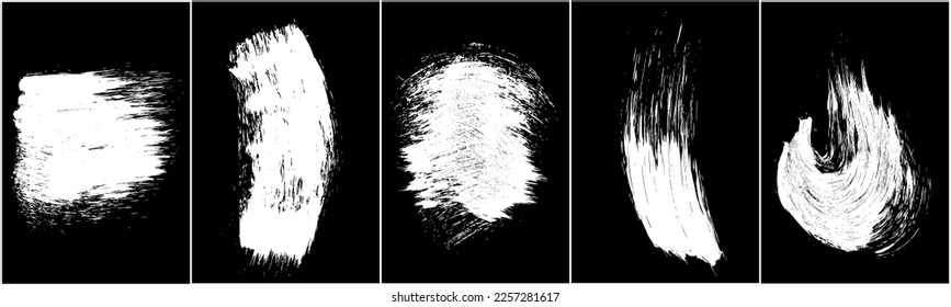 Set of scribble hand drawn in chalk on black background. Shabby white texture. Monochrome stain element. Rusted effect. Digitally generated image. Vector illustration, Eps 10.