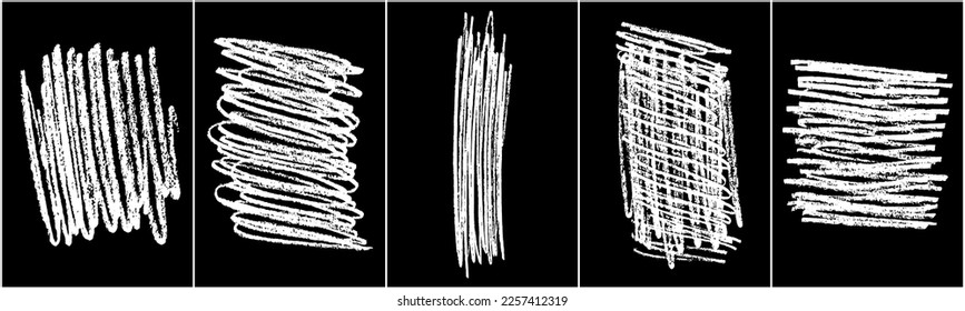 Set of scribble hand drawn in chalk on black background. Shabby white texture. Monochrome stain element. Rusted effect. Digitally generated image. Vector illustration, Eps 10.