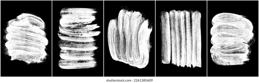 Set of scribble hand drawn in chalk on black background. Shabby white texture. Monochrome stain element. Rusted effect. Digitally generated image. Vector illustration, Eps 10.