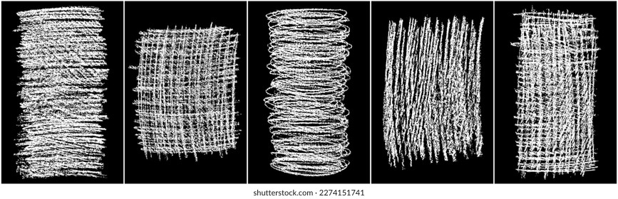 Set of scribble hand drawn in chalk on black background. Shabby white texture. Monochrome stain element. Rusted effect. Digitally generated image. Vector illustration, Eps 10.