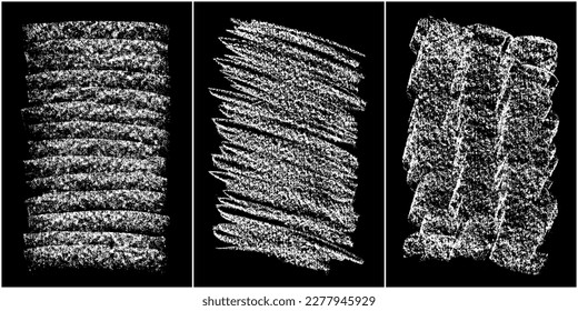 Set of scribble hand drawn in chalk on black background. Shabby white texture. Monochrome stain element. Rusted effect. Digitally generated image. Vector illustration, Eps 10.