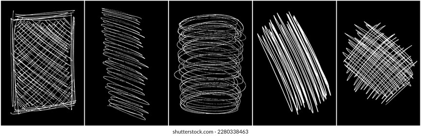Set of scribble hand drawn in chalk on black background. Shabby white texture. Monochrome stain element. Rusted effect. Digitally generated image. Vector illustration, Eps 10.