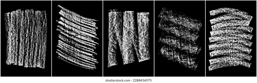 Set of scribble hand drawn in chalk on black background. Shabby white texture. Monochrome stain element. Rusted effect. Digitally generated image. Vector illustration, Eps 10.