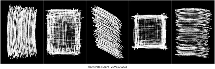 Set of scribble hand drawn in chalk on black background. Shabby white texture. Monochrome stain element. Rusted effect. Digitally generated image. Vector illustration, Eps 10.