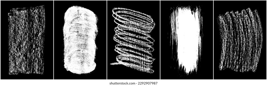 Set of scribble hand drawn in chalk on black background. Shabby white texture. Monochrome stain element. Rusted effect. Digitally generated image. Vector illustration, Eps 10.