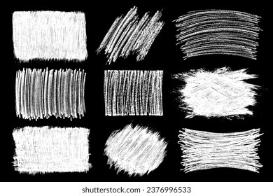 Set of scribble hand drawn in chalk on black background. Shabby white texture. Monochrome stain element. Rusted effect. Digitally generated image. Vector illustration, Eps 10.