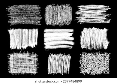 Set of scribble hand drawn in chalk on black background. Shabby white texture. Monochrome stain element. Rusted effect. Digitally generated image. Vector illustration, Eps 10.