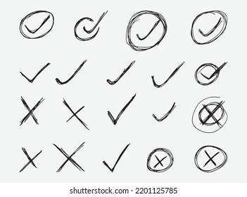 Set of Scribble hand drawn doodle vector, pen marks, check marks, cross check marks