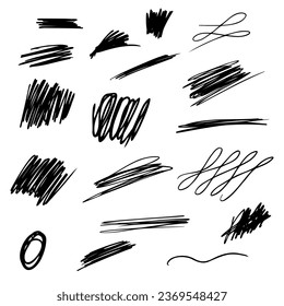 Set of scribble hand drawn line. Pencil, ink, brush smudge. Vector  design element