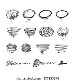 Set of scribble hand drawn stains in pencil on white background