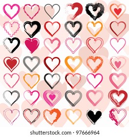 Set of scribble hearts with grungy texture. Vector