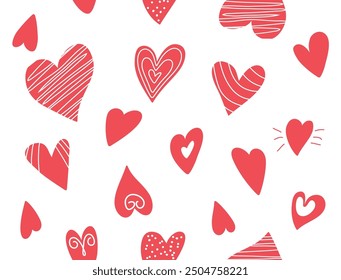 Conjunto de estilo de corazones garabateados. Vector. Doodle sin patrón. Aislado. Dibujado a mano. Elementos, figuras para el diseño de chatarra. Festiva, casamiento, cumpleaños. Iconos. Colección.  Silueta. Plano. Tinta