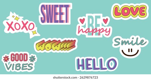 Set of scribble lettering with text. Cartoon isolated vector illustration. Stickers. Chat design elements.
