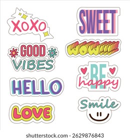 Set of scribble lettering with text. Cartoon isolated vector illustration. Stickers. Chat design elements.