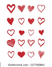 Set of scribble red hearts icon. Collection of heart shapes draw the hand. Symbol of love. Design elements for Valentine's Day cards. Vector hearts. Doodle. Vector illustration.