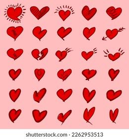 Set of scribble red hearts icon.