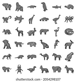 Set of scribble silhouettes of african animals, vector clip art.