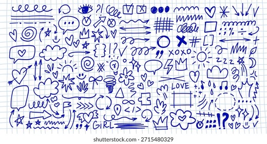Conjunto de esboço rabiscado de sorriso engraçado, corações, Arrow, Cloud e outros.Trendy desenhos à mão doodles em um estilo de giz áspero. 
