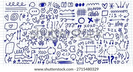 Set of scribble sketch of funny smile, hearts, Arrow, Cloud and other.Trendy hand-drawn doodles in a rough chalk style. 