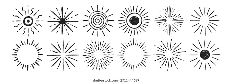 Set of scribble sunburst with organic texture of crayon, chalk or pastel . Collection of cute suns. Black vector illustration on a white background.