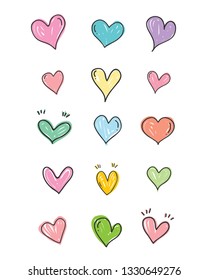 Set of scribble sweet color hearts. Collection of heart shapes draw the hand. Symbol of love. Design elements for Valentine's Day card. Vector colorful hearts. Vector illustration.