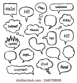  Set of scribbled comic speech bubbles with hand drawn doodle style. Vector talk and thought sketch bubbles.