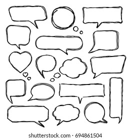  Set Of Scribbled Comic Speech Bubbles With Hand Drawn Doodle Style. Vector Talk And Thought Sketch Bubbles.