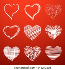 Set of scribbled hand-drawn sketch hearts for Valentines Day design. Vector illustration.
