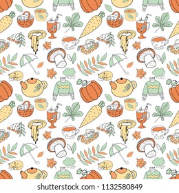 Set of scribbles on the theme of autumn and comfort. Painted with different colors. Seamless pattern.