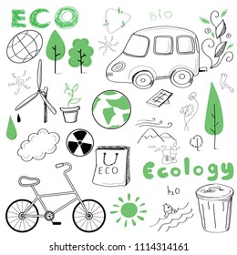 Set of scribbles on the theme of ecology. The concept of environmental protection.