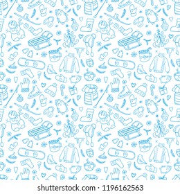 Set of scribbles on the theme of winter. Seamless pattern. white and blue.