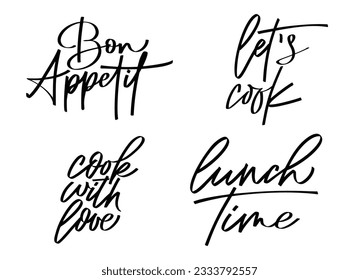 Set of script food text quote. Bon appetit lettering in hand drawn style. Typography word for menu, cafe, poster. Vector illustration.