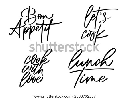 Set of script food text quote. Bon appetit lettering in hand drawn style. Typography word for menu, cafe, poster. Vector illustration.
