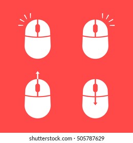 Set Of Scroll And Click Computer Mouse. Concept Of Scrolling, Appliance, Conventional Communication, Unusual Stamp, Professional Device. Flat Style Modern Logo Graphic Design On Red Background