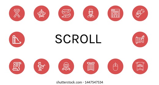 Set of scroll icons such as Ribbon, Coat of arms, Slide, Magician, Slider, Diploma, Scroll, Medieval, Wizard, Banner, Mouse , scroll