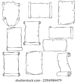 Juego de papeles antiguos de pergamino. Desplazamiento antiguo con espacio de copia. Ilustraciones vectoriales en el estilo de esbozo dibujado a mano aisladas en blanco. Gráficos de contorno negro. Pergamino de carteles con espacio para texto