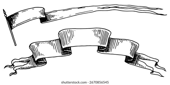 Set of scroll ribbon banner in Barocco style. Hand drawn engraving for your text in vintage traditional technique. For wedding, events, birthday and greetings.